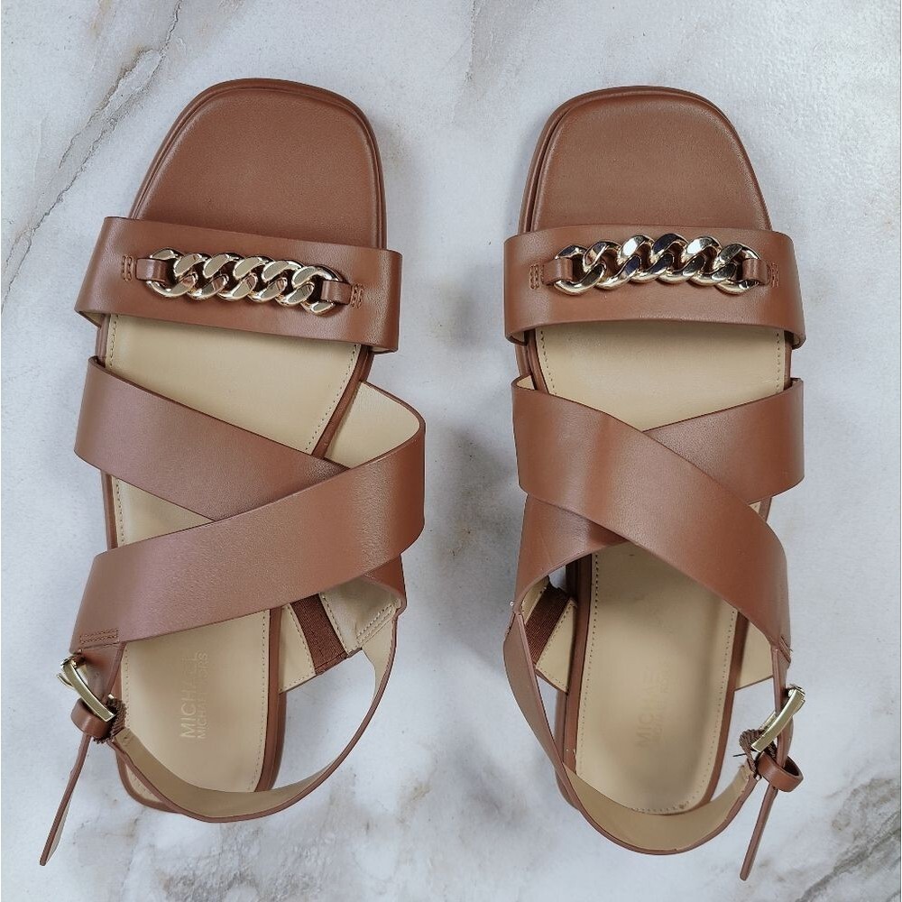 Leather Chain-Accent Brown Womens Sandals